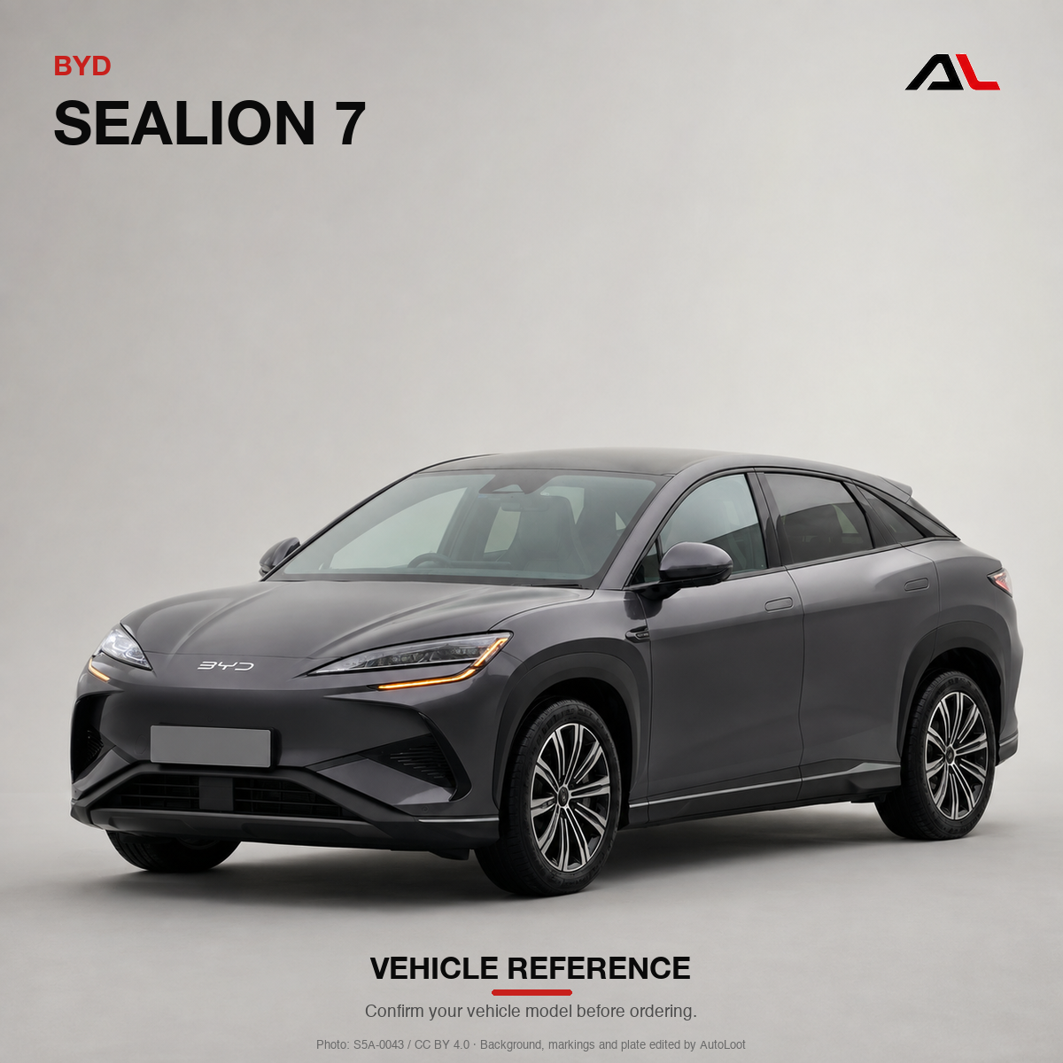 BYD Sealion 7 vehicle reference exterior view. Photo: S5A-0043, CC BY 4.0; background, markings and plate edited by AutoLoot.
