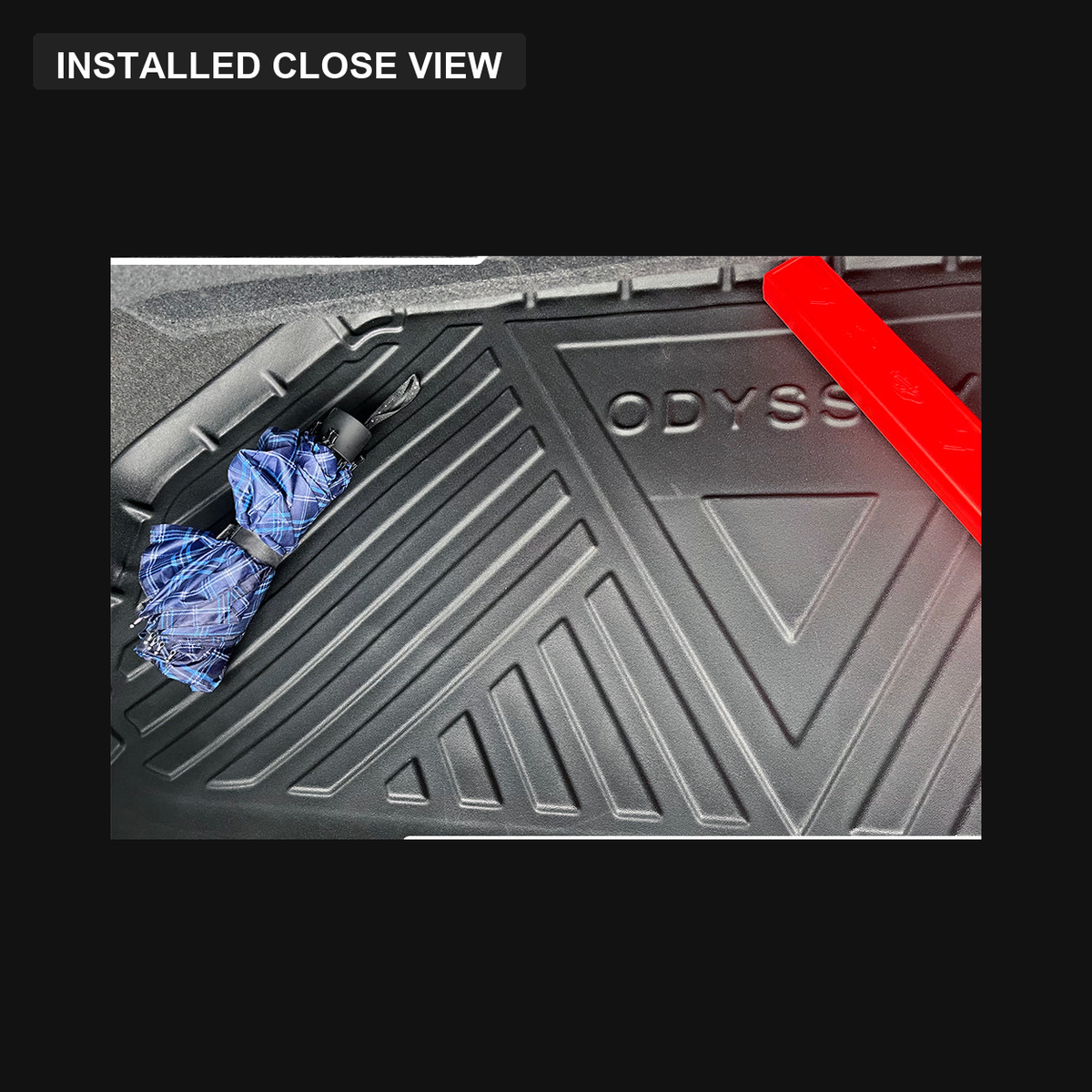 Honda Odyssey 5th Gen RC boot tray installed close view with loose items